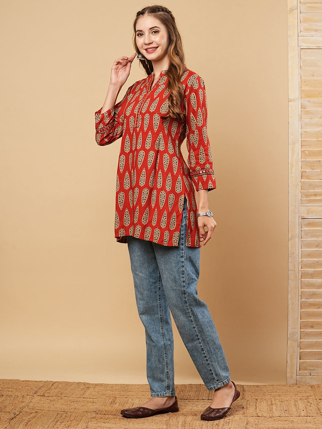 Ethnic Printed & Mirror Embroidered Straight Fit Kurti - Rust