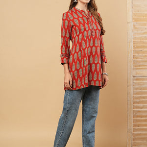 Ethnic Printed & Mirror Embroidered Straight Fit Kurti - Rust
