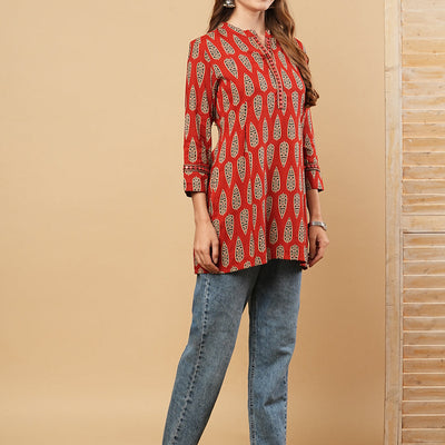 Ethnic Printed & Mirror Embroidered Straight Fit Kurti - Rust