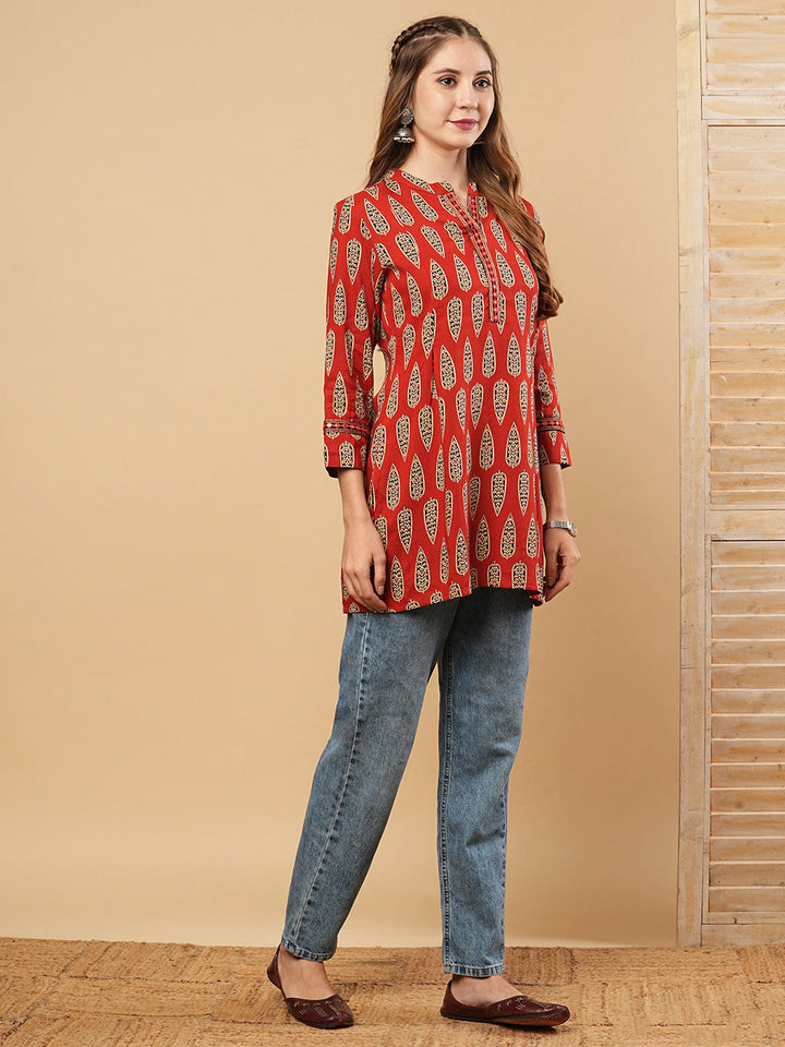 Ethnic Printed & Mirror Embroidered Straight Fit Kurti - Rust