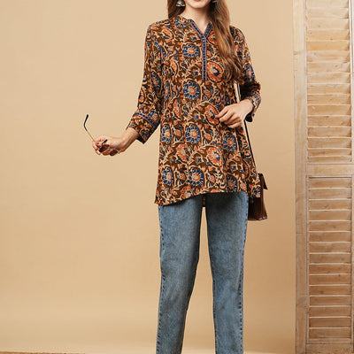 Floral Printed & Mirror Embroidered Straight Fit Kurti - Brown