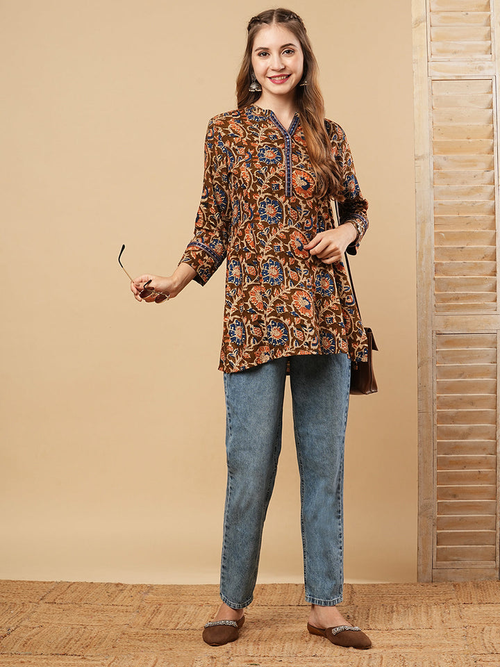 Floral Printed & Mirror Embroidered Straight Fit Kurti - Brown