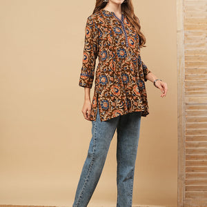 Floral Printed & Mirror Embroidered Straight Fit Kurti - Brown