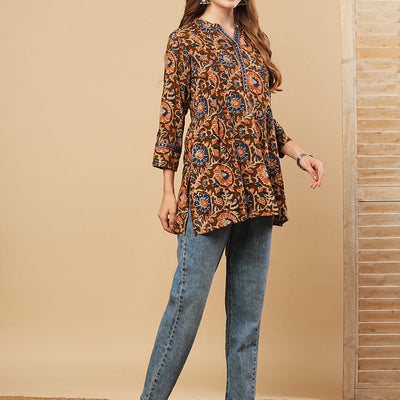 Floral Printed & Mirror Embroidered Straight Fit Kurti - Brown