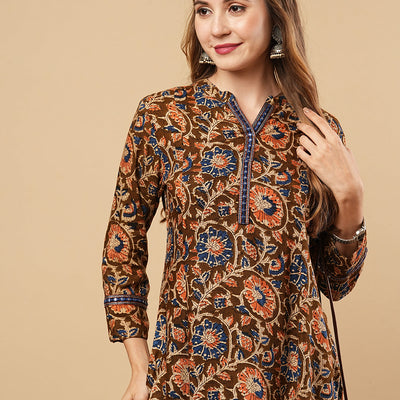 Floral Printed & Mirror Embroidered Straight Fit Kurti - Brown