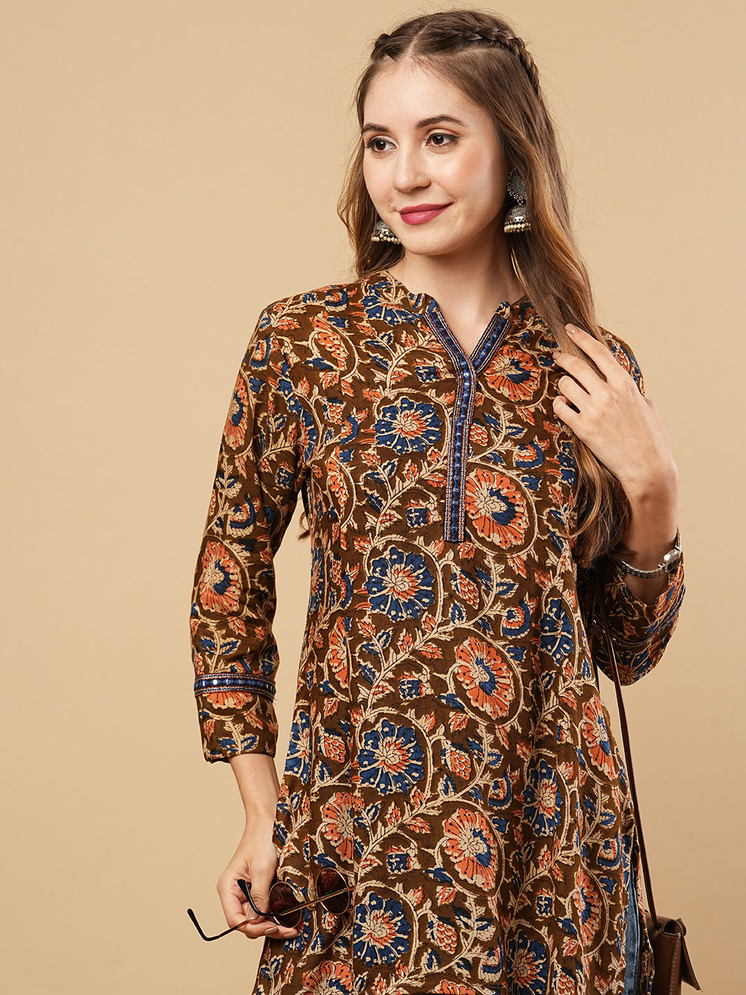 Floral Printed & Mirror Embroidered Straight Fit Kurti - Brown