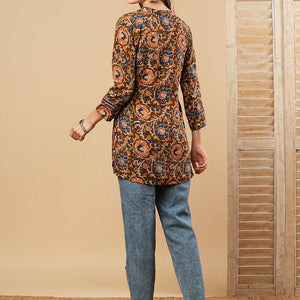Floral Printed & Mirror Embroidered Straight Fit Kurti - Brown