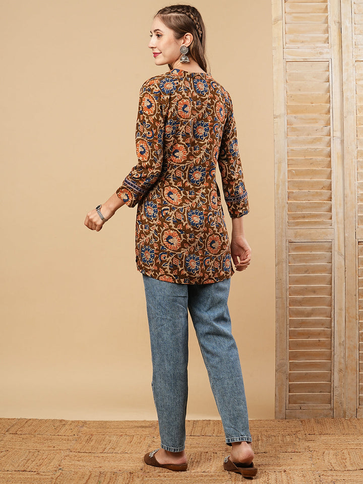 Floral Printed & Mirror Embroidered Straight Fit Kurti - Brown