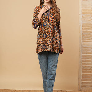 Floral Printed & Mirror Embroidered Straight Fit Kurti - Brown
