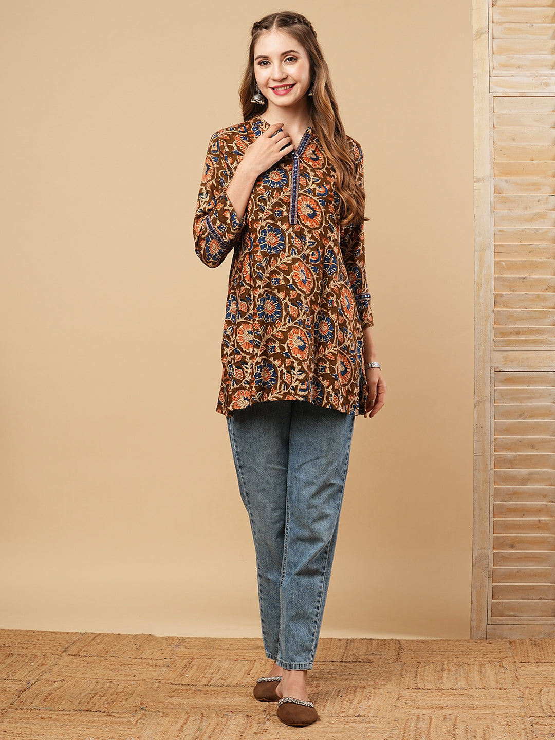 Floral Printed & Mirror Embroidered Straight Fit Kurti - Brown