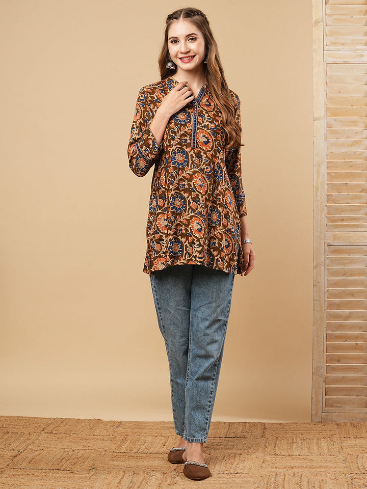 Floral Printed & Mirror Embroidered Straight Fit Kurti - Brown