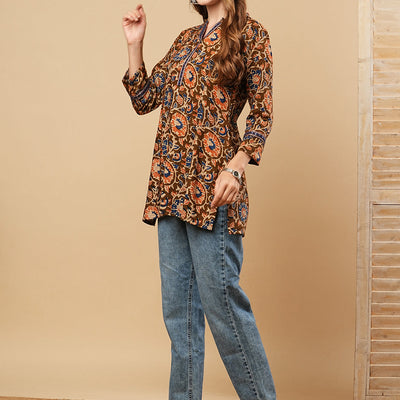 Floral Printed & Mirror Embroidered Straight Fit Kurti - Brown