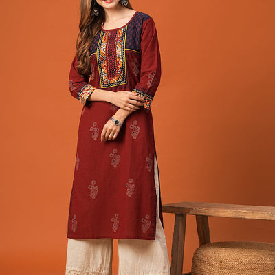 Ethnic Floral Printed & Kantha work Straight Fit Kurta - Maroon