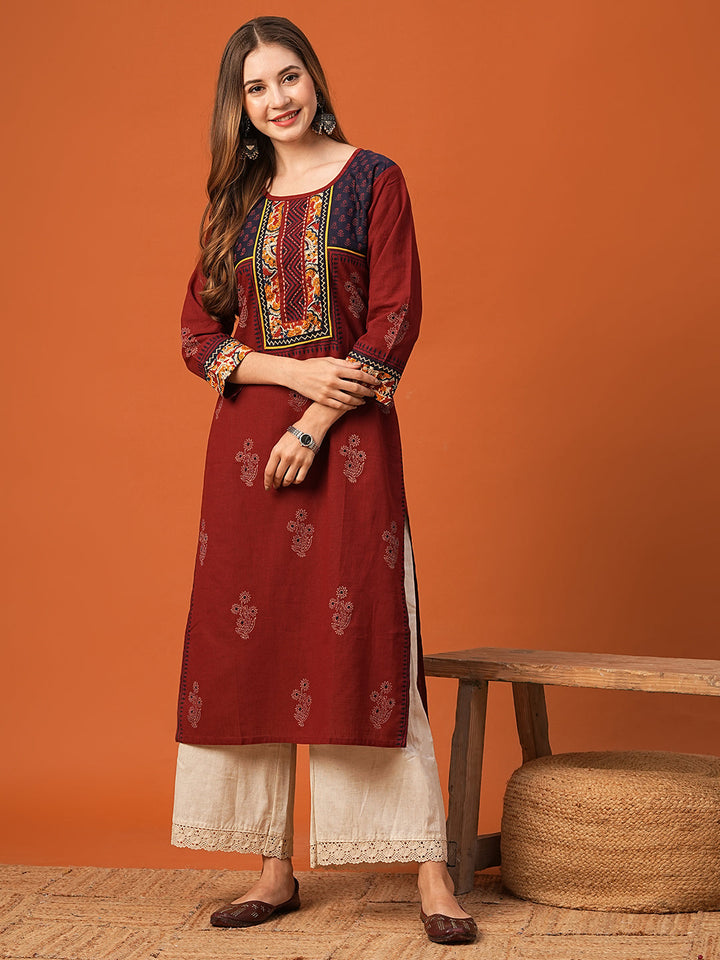 Ethnic Floral Printed & Kantha work Straight Fit Kurta - Maroon