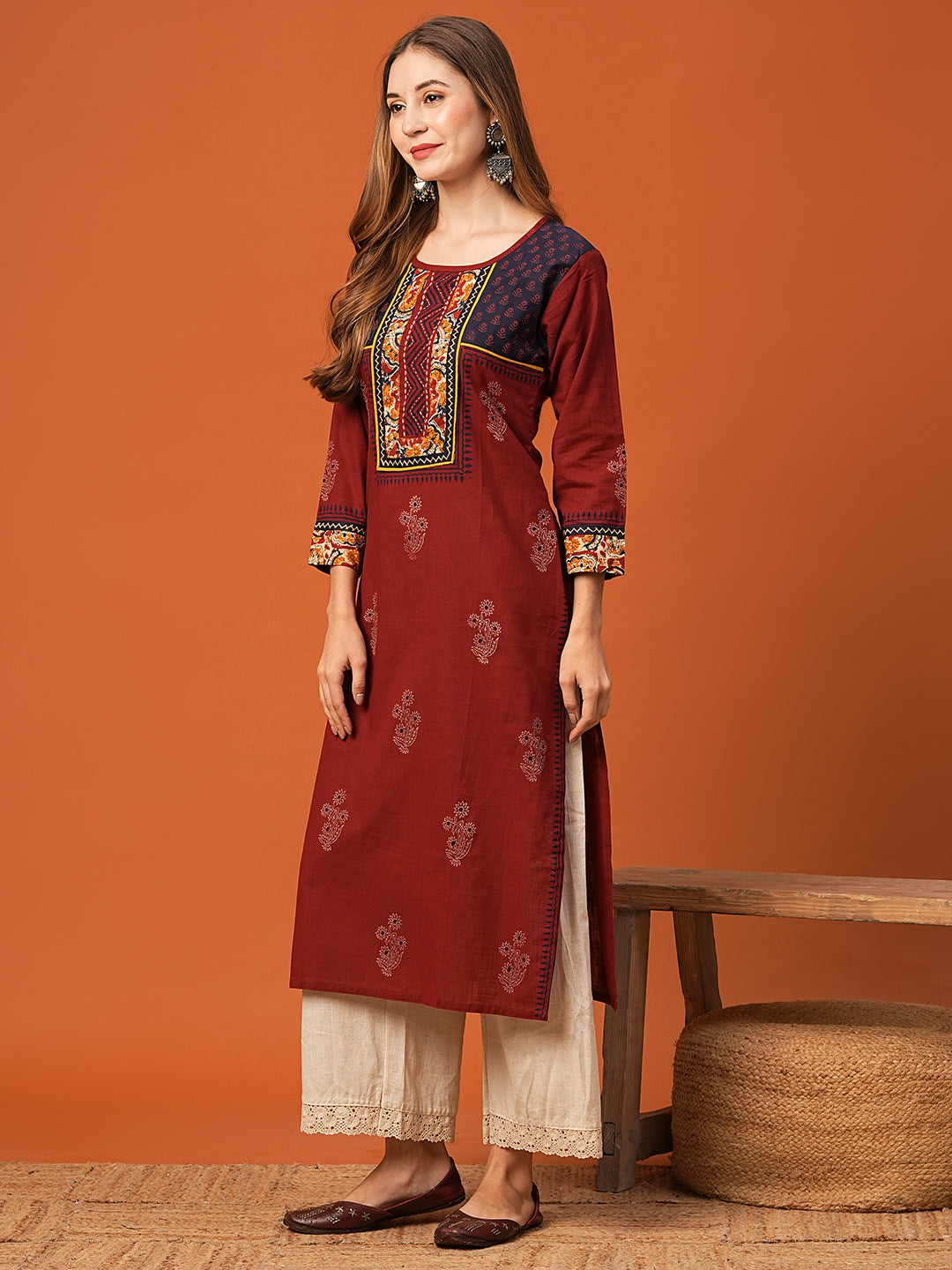 Ethnic Floral Printed & Kantha work Straight Fit Kurta - Maroon