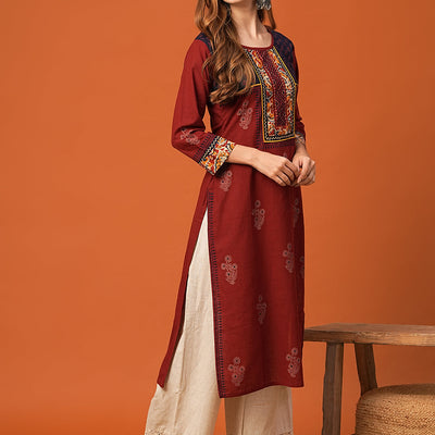 Ethnic Floral Printed & Kantha work Straight Fit Kurta - Maroon