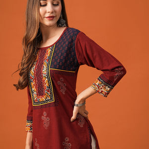 Ethnic Floral Printed & Kantha work Straight Fit Kurta - Maroon