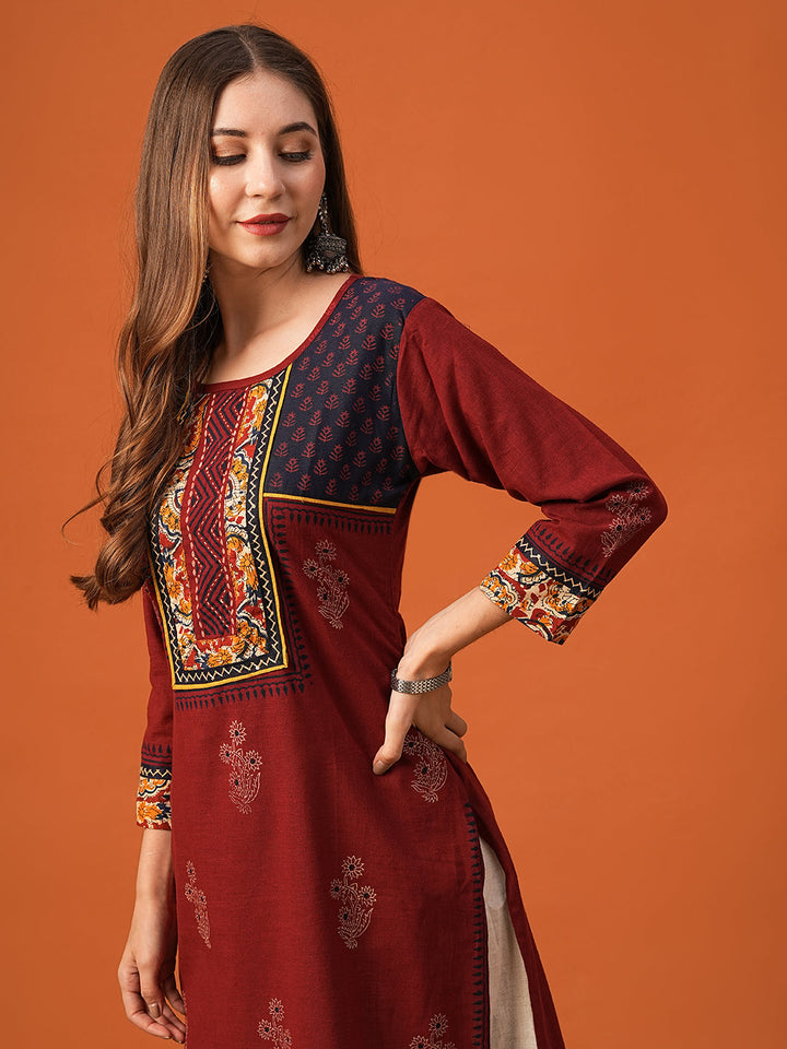 Ethnic Floral Printed & Kantha work Straight Fit Kurta - Maroon