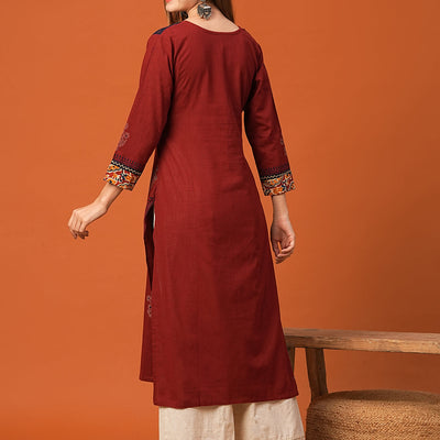 Ethnic Floral Printed & Kantha work Straight Fit Kurta - Maroon