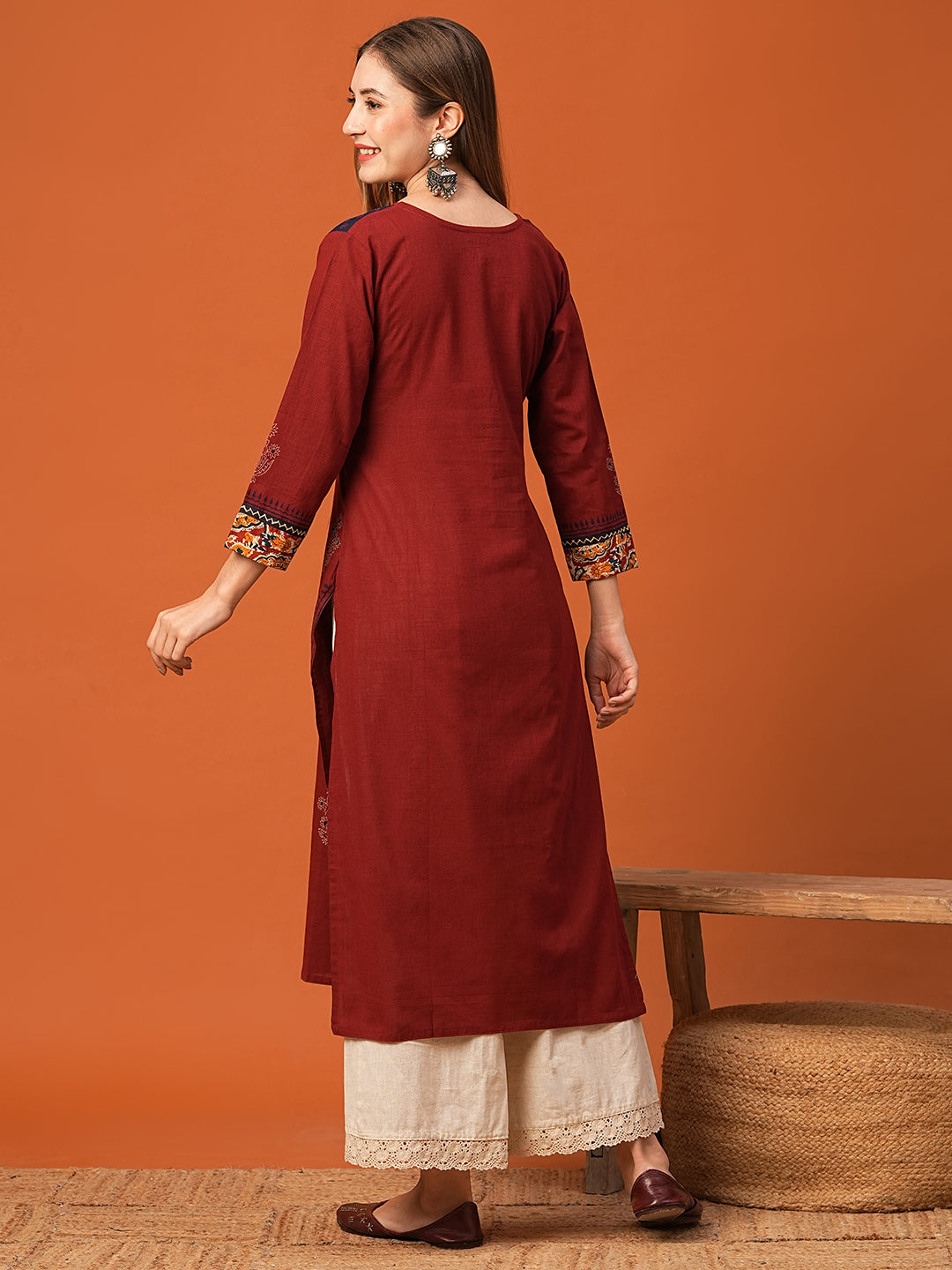 Ethnic Floral Printed & Kantha work Straight Fit Kurta - Maroon