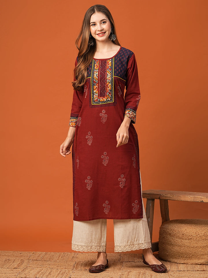 Ethnic Floral Printed & Kantha work Straight Fit Kurta - Maroon