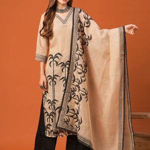 Ethnic Floral Printed & Embroidered Straight Kurta with Dupatta - Beige