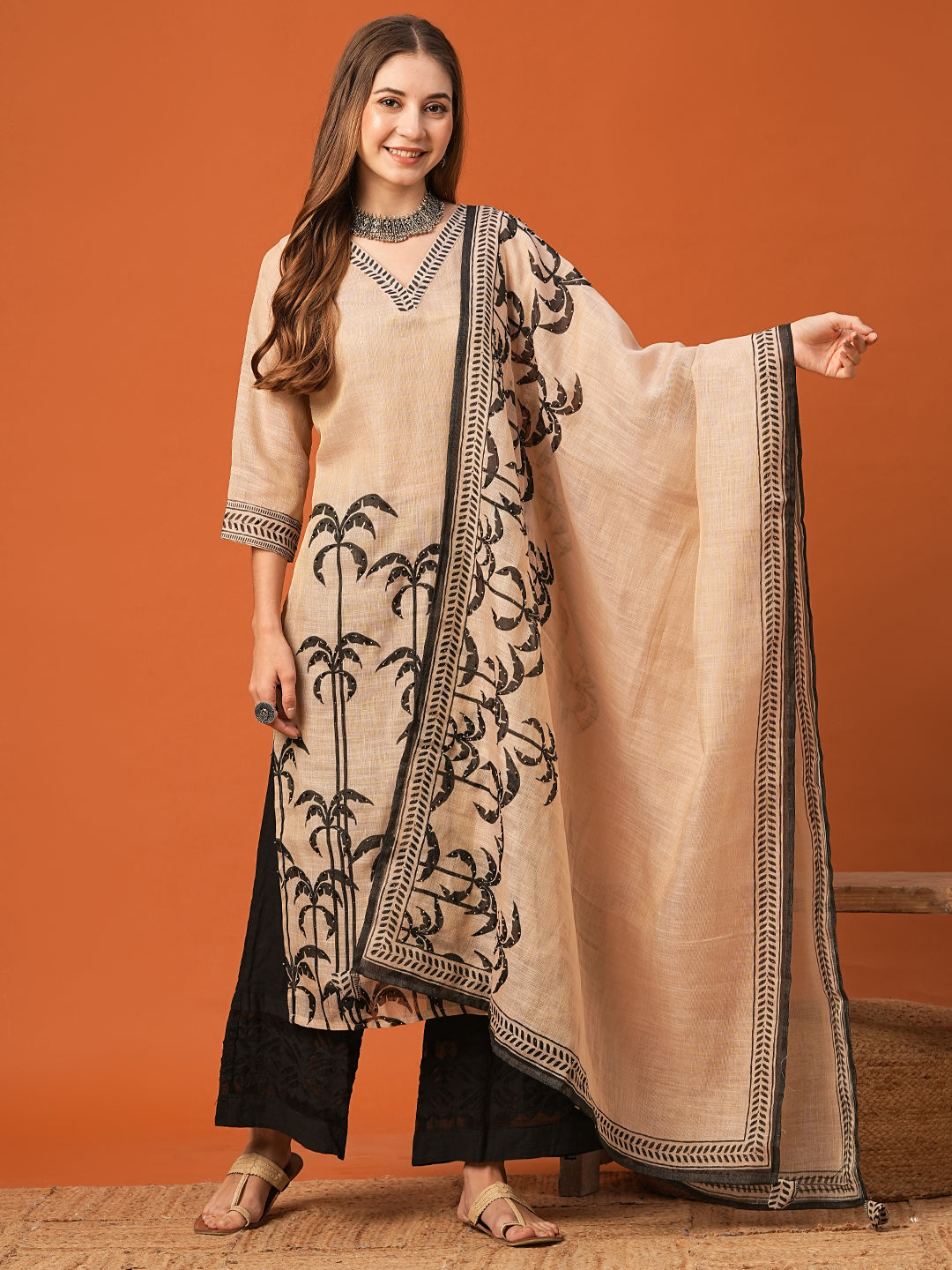 Ethnic Floral Printed & Embroidered Straight Kurta with Dupatta - Beige