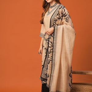 Ethnic Floral Printed & Embroidered Straight Kurta with Dupatta - Beige