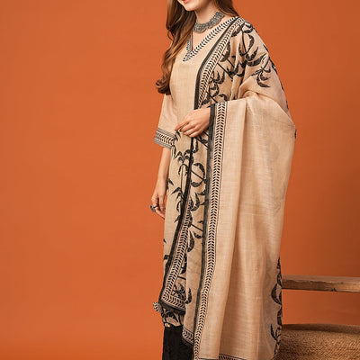 Ethnic Floral Printed & Embroidered Straight Kurta with Dupatta - Beige