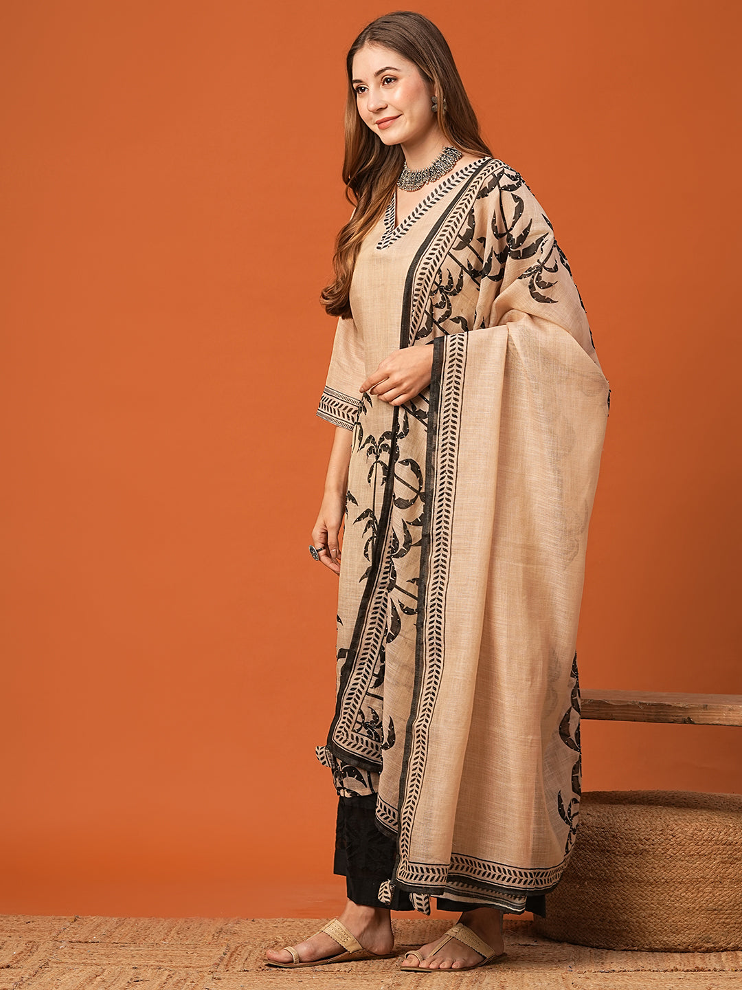 Ethnic Floral Printed & Embroidered Straight Kurta with Dupatta - Beige