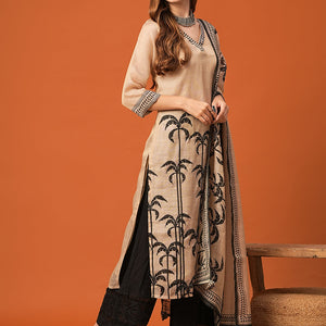 Ethnic Floral Printed & Embroidered Straight Kurta with Dupatta - Beige