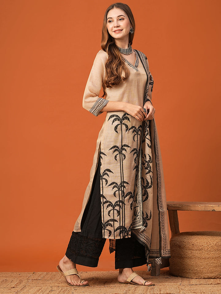 Ethnic Floral Printed & Embroidered Straight Kurta with Dupatta - Beige