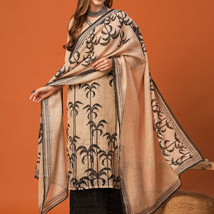 Ethnic Floral Printed & Embroidered Straight Kurta with Dupatta - Beige