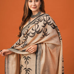 Ethnic Floral Printed & Embroidered Straight Kurta with Dupatta - Beige