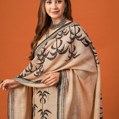 Ethnic Floral Printed & Embroidered Straight Kurta with Dupatta - Beige
