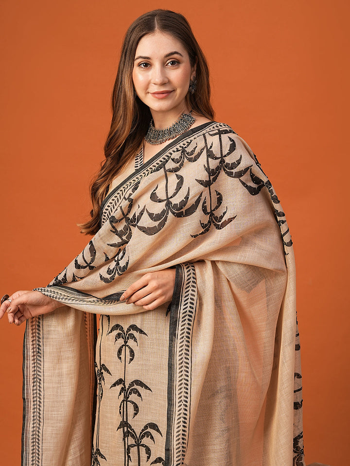 Ethnic Floral Printed & Embroidered Straight Kurta with Dupatta - Beige