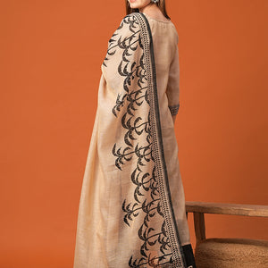 Ethnic Floral Printed & Embroidered Straight Kurta with Dupatta - Beige