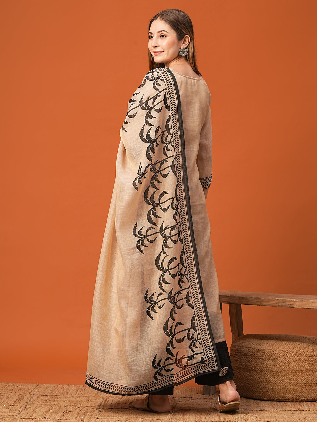 Ethnic Floral Printed & Embroidered Straight Kurta with Dupatta - Beige