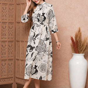 Abstract Tropical Printed A-Line Midi Dress with Belt - Off White