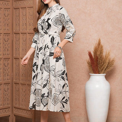 Abstract Tropical Printed A-Line Midi Dress with Belt - Off White
