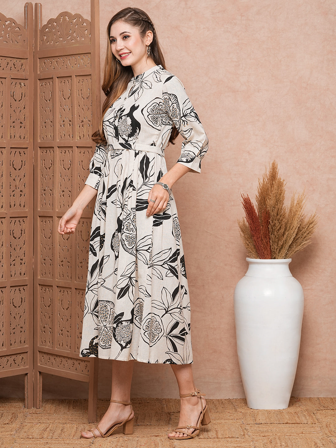 Abstract Tropical Printed A-Line Midi Dress with Belt - Off White