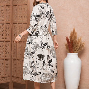 Abstract Tropical Printed A-Line Midi Dress with Belt - Off White