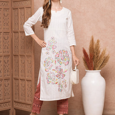 Floral Applique Embroidered Woven Striped Straight Fit Kurta - White