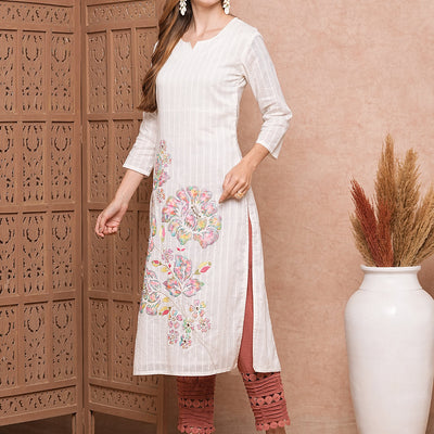 Floral Applique Embroidered Woven Striped Straight Fit Kurta - White