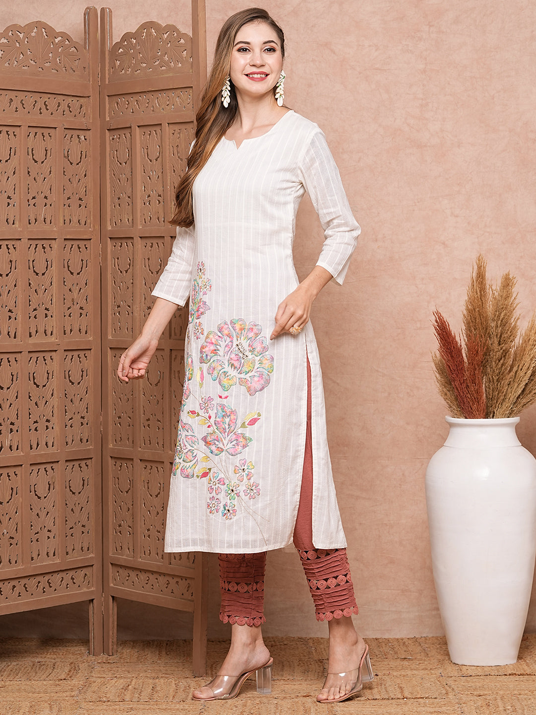 Floral Applique Embroidered Woven Striped Straight Fit Kurta - White