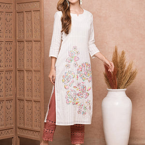 Floral Applique Embroidered Woven Striped Straight Fit Kurta - White