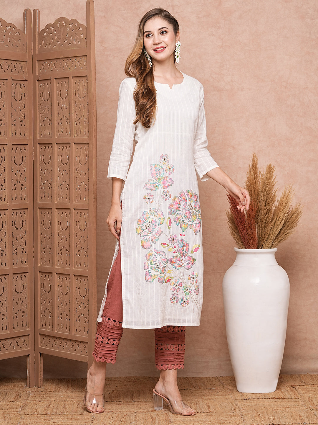 Floral Applique Embroidered Woven Striped Straight Fit Kurta - White