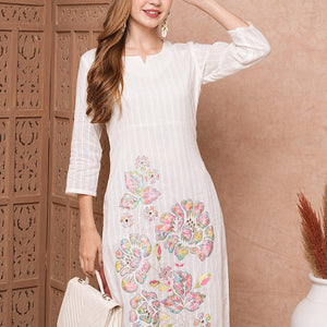 Floral Applique Embroidered Woven Striped Straight Fit Kurta - White