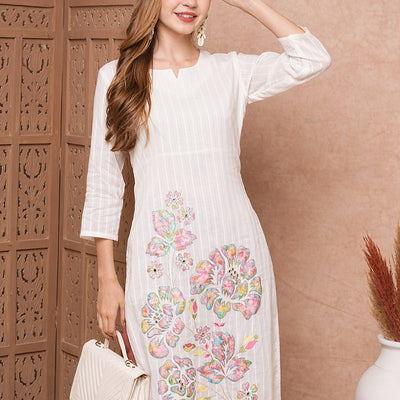Floral Applique Embroidered Woven Striped Straight Fit Kurta - White