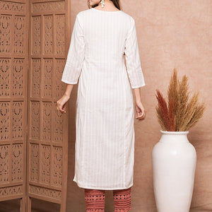 Floral Applique Embroidered Woven Striped Straight Fit Kurta - White